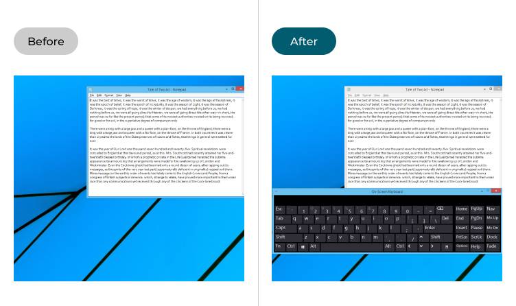 Windows without and with the onscreen keyboard